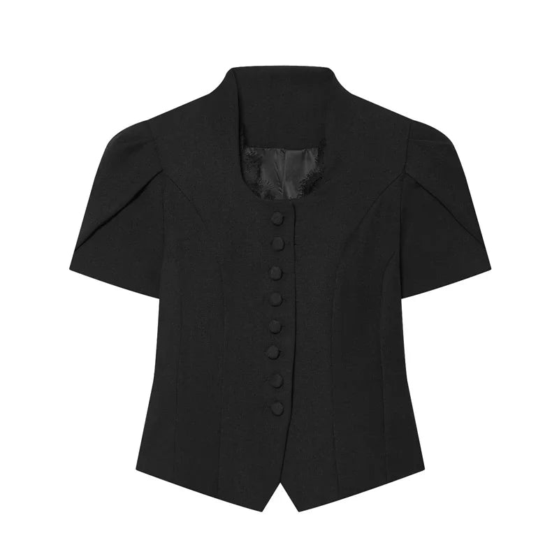 Women V Neck Puff Sleeve Cropped Blouse Button Slim - View 11 | SAMAG