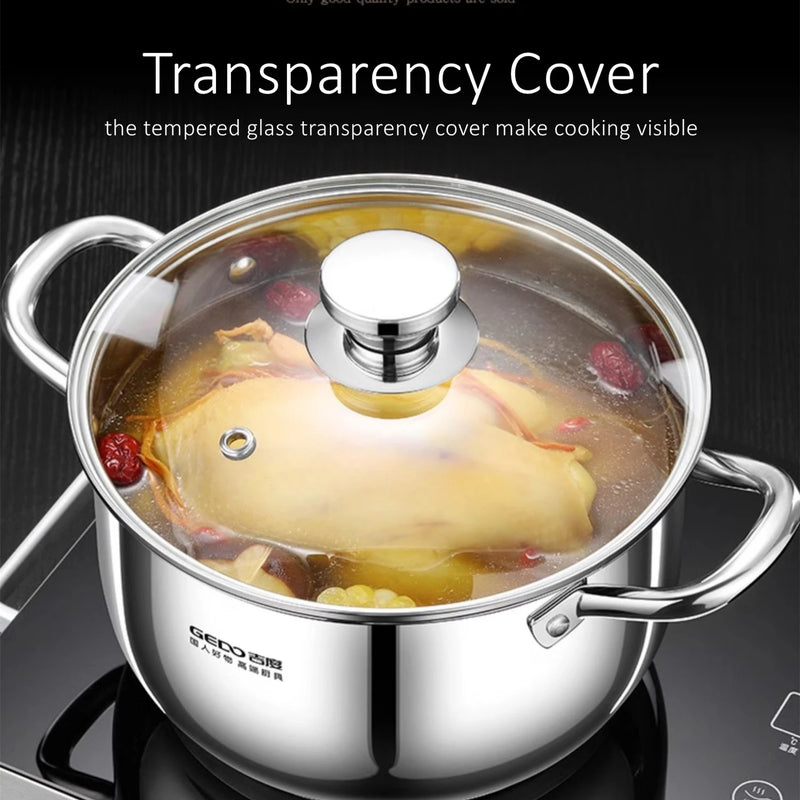LFGB Certificated Ultra Thick 304 Stainless Steel Kitchen Stockpot Accurate Scale Stewpot Tempered Glass Saucepot for Kitchen