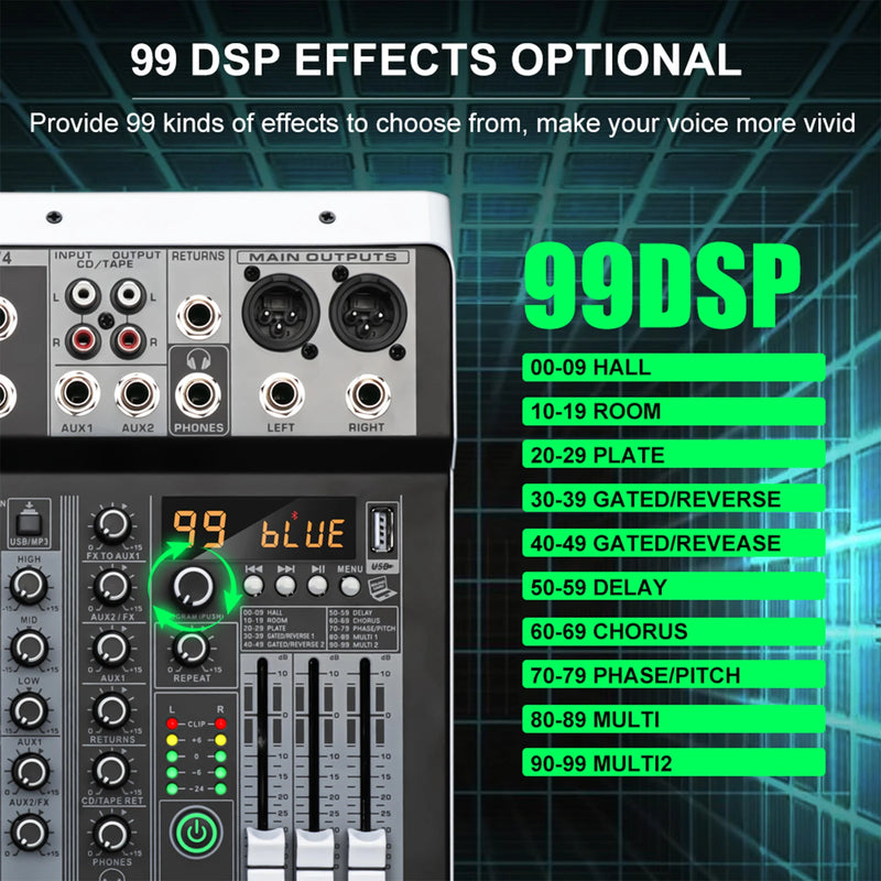 KDES KP8 Audio Mixer 8 Channel 99 DSP Effect Record PC 48V Phantom Power USB Sound Mixers Bluetooth DJ Console Mixing for Karaok