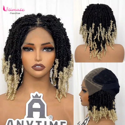 Dreadlocs Wigs Short Box Braided Wigs Synthetic 9x6 Lace Closure Wig Ombre Butterfly Twisted Locs 12inch for Afro Men/ Women