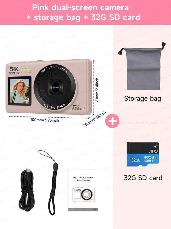 5K Digital Camera 8000W Pixel Retro CCD Dual Screen Photographic Cameras 80MP Vlog Cam with Auto Focus Smile Detection 18x Zoom