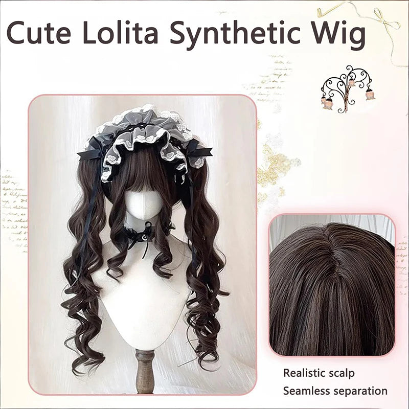 Blonde Pigtail Wig Long Curly Sweet Lolita Wigs with Bangs Heat Resistant Synthetic Hair For Women Halloween Cosplay Party Daily