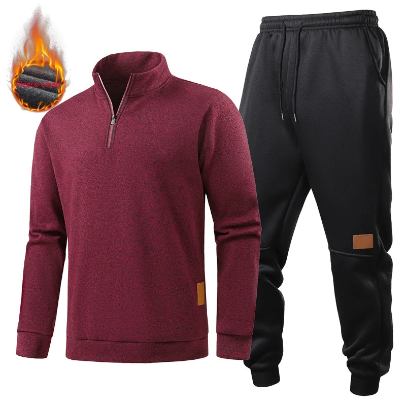 Men Winter Warm Fleece Lined Sweatsuit Half Zip Pullover Sweatshirt Elastic Waist Jogging Pants Casual Sports Suit