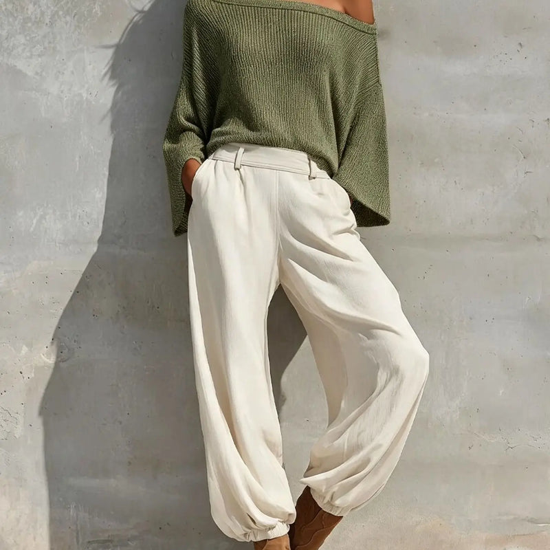 Fashionable Off-shoulder Top And Casual Trousers Two-piece Suit 2026 Autumn And Winter New Solid Color Slope Collar Women's Suit