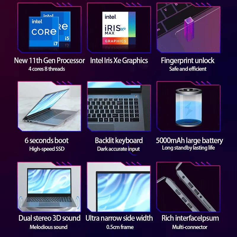 New 15.6" Gaming Laptop 11th Gen Intel i7 NVIDIA MX450 2G 16GB RAM 512GB SSD Fingerprint Unlock 1.8kg Ultra Slim Office Notebook