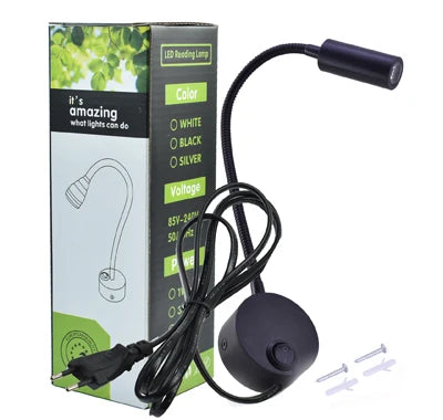 LED Wall lamp 3W Modern Bedroom Bedside Reading Study Book Lamp Black Silver Light Body wall light EU US Plug Cord