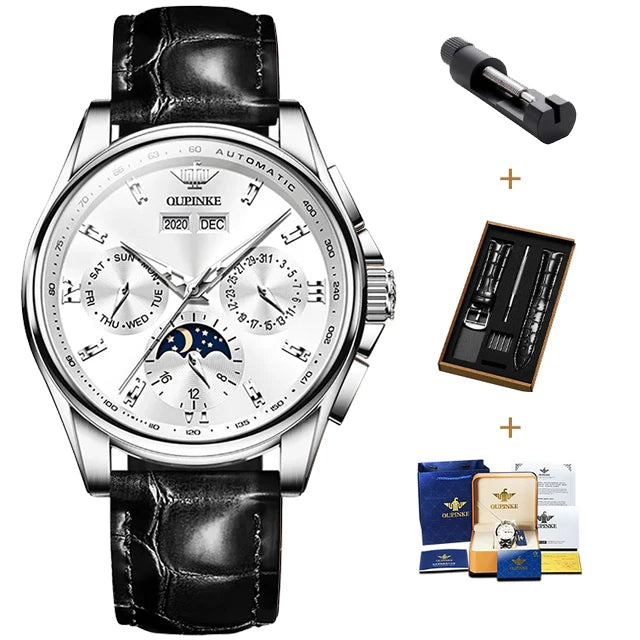 OUPINKE 3189 Automatic Watch for Men Genuine Leather Strap Waterproof Moon Phase Man Watches Luxury Men's Mechanical Wristwatch