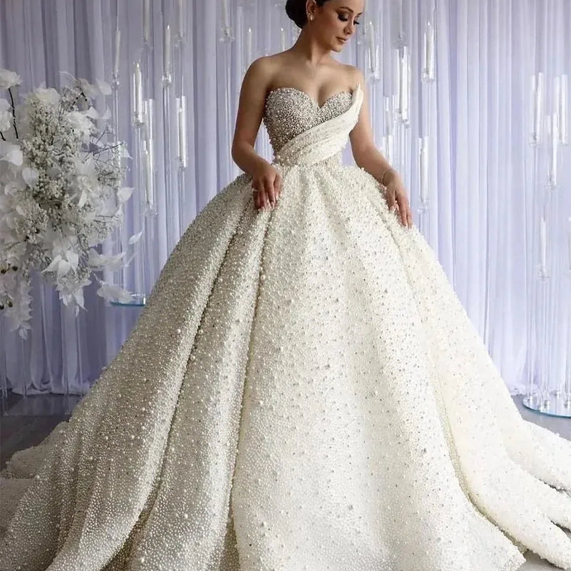 Dubai Luxury Pearls Beading Sweetheart Ball Gown Wedding - View 8 | SAMAG