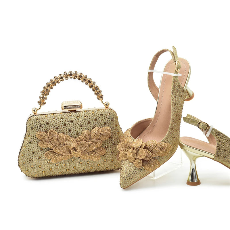 New Arrival Shoes for Women High Heel Rhinestone Paired with Handmade Petal Pointed-Toe Italian Shoes and Bags Matching Set