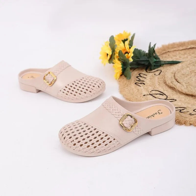 Ladies Hollow Mule Clogs Decorative Square Buckle Low Heel Slides Lightweight PU Non Slip Walking Casual Shoes for All Seasons