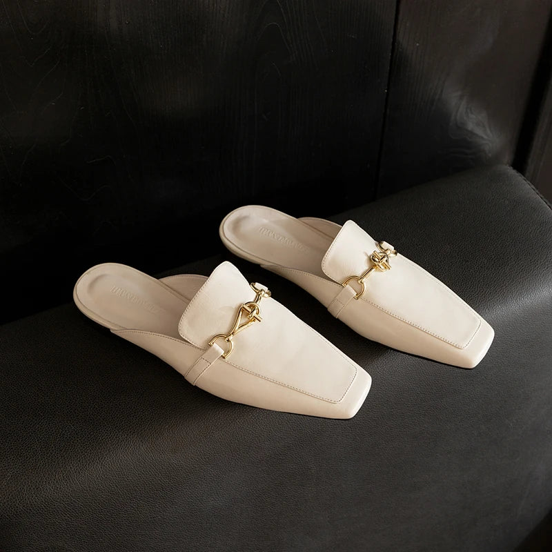 Premium Handmade Genuine Leather Cowhide Women's Shoes,Square Toe Low Heel Women Mules,Fashion Casual Women Slippers