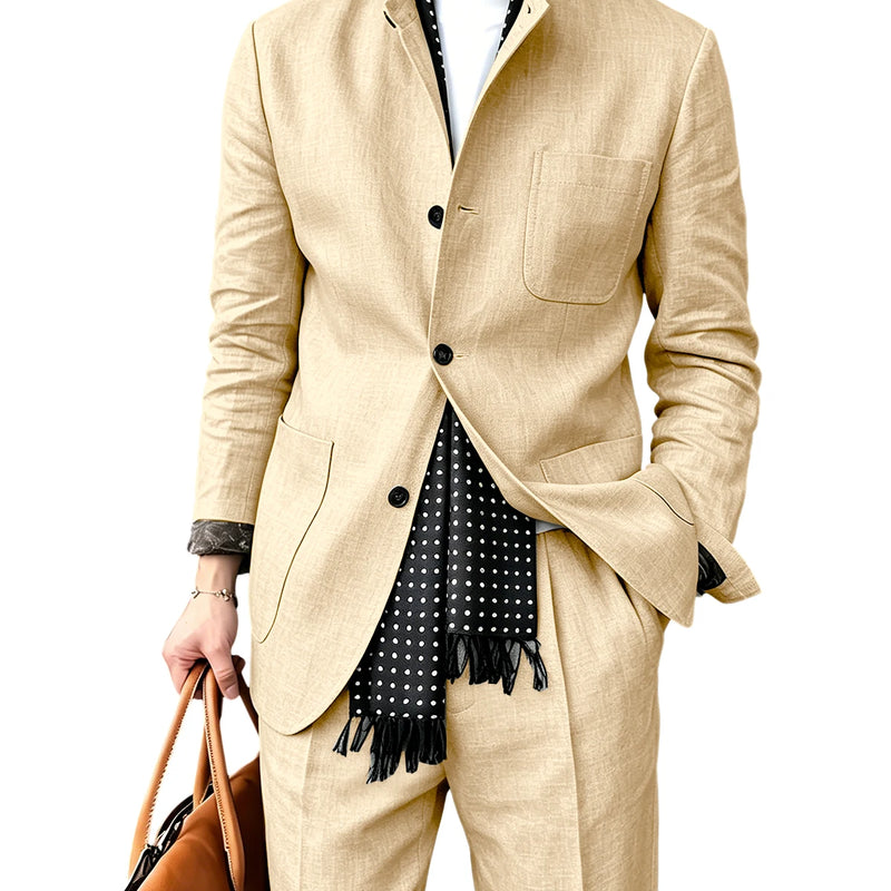 Men's Linen Blend 2 Piece Suit Set Stand Collar Three Button Breathable Casual Blazer Pants For Business Daily Wear Summer