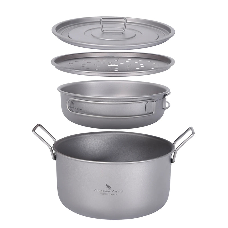 Boundless Voyage Camping Cooking Pot Multifunctional Titanium Steamer Soup Pot Frying Pan Set with Lid Outdoor Mess Kit Ti2057C