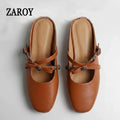 ZAROY Luxury Gold Women Mules Square Toe PU Leather Summer Slip On Baotou Slippers Beach Flat Sandals Cozy Mules Slides Shoes