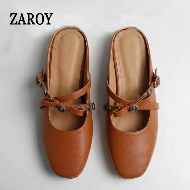 ZAROY Luxury Gold Women Mules Square Toe PU Leather Summer Slip On Baotou Slippers Beach Flat Sandals Cozy Mules Slides Shoes