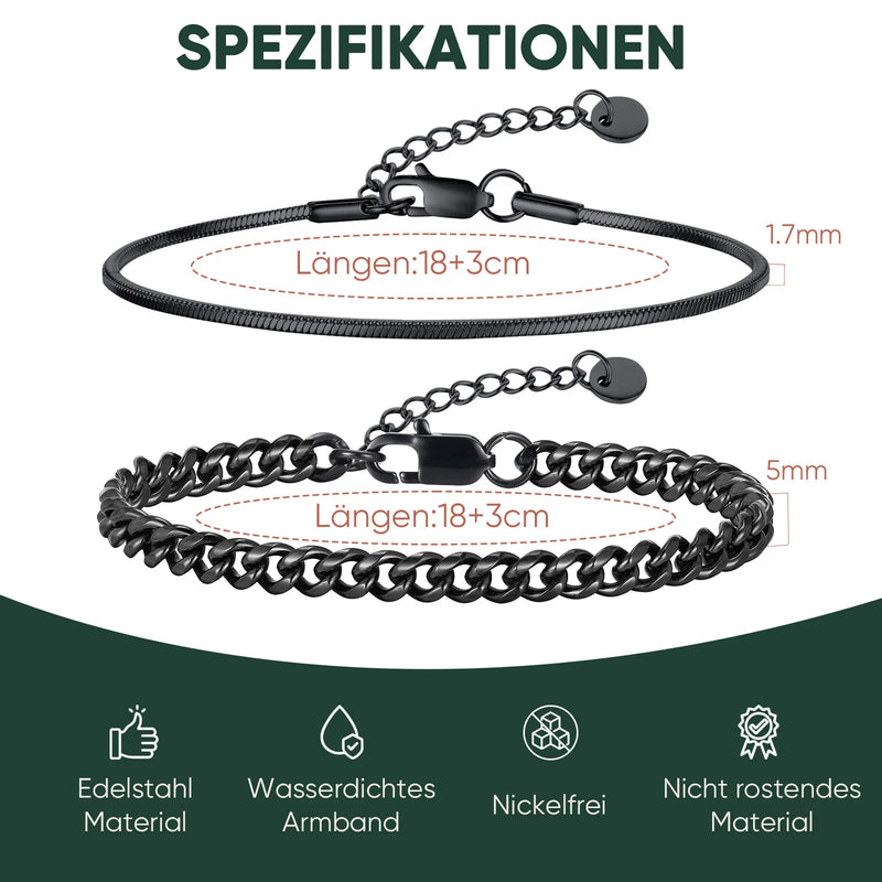 2pcs Cuban Chain Bracelet for Men Boys,Waterproof Stainless Steel Silver Color Chain Wristband,Stylish Fahter's Day Gift