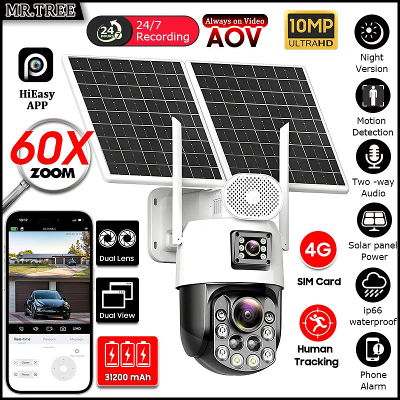 4G SIM Solar Camera AOV 24 Hours Record Built-in 31200 MAh Battery Outdoor Surveillance 60X Zoom Cam Auto Track 25W Solar Panel
