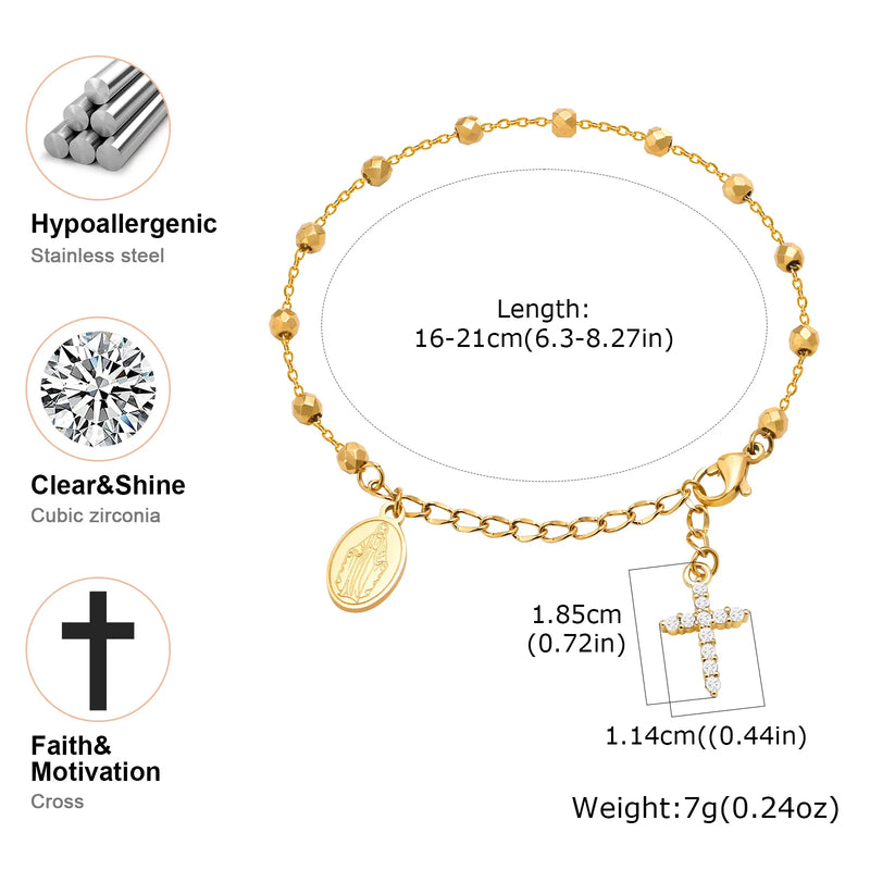 Charm Cubic Zirconia Cross Rosary Bracelet for Women, Stainless Steel Mary Adjustable Link, Religious - Visuel 6 | SAMAG