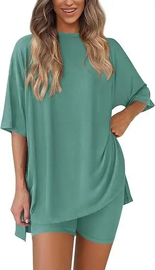 2026women's New Fashion Trend Basic High-quality Casual Round Neck Slit Loose Casual and Comfortable Women's Two-piece Home Suit