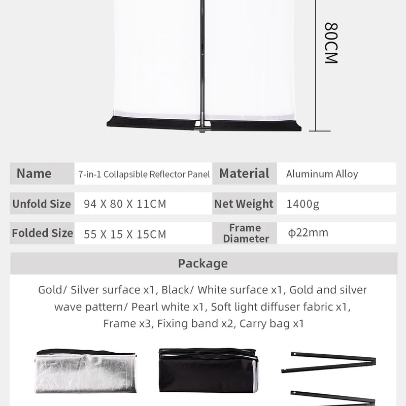Selens 7-In-1 Reflector Set Foldable Photography Light Reflective Screen + Aluminium Stand + Bag For Photography Studio