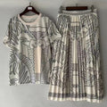 Designer retro geometric print knitted T-shirt two-piece summer women's dress+loose plus-size pleated skirt fashion suit