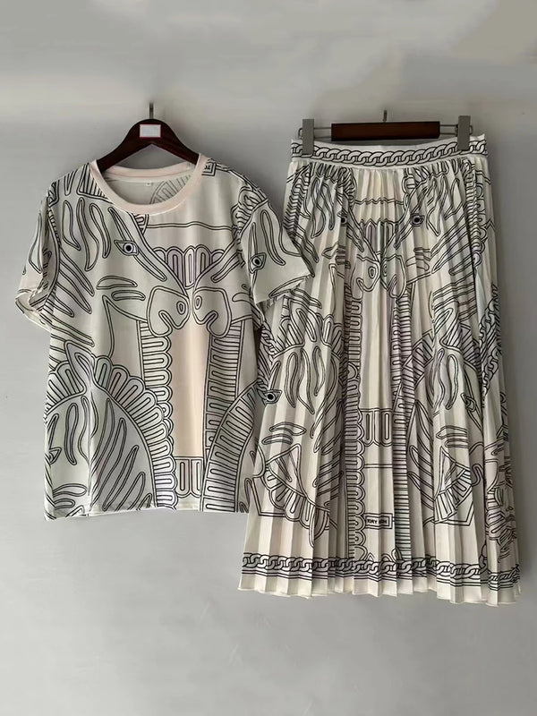 Designer retro geometric print knitted T-shirt two-piece summer women's dress+loose plus-size pleated skirt fashion suit