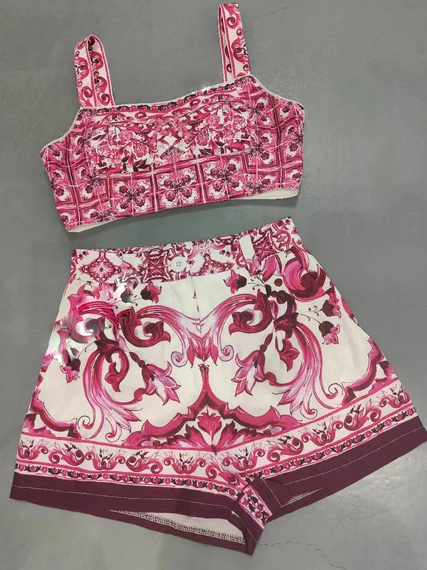 Designer retro geometric print sexy tube top suspender two-piece 2026 summer women's dress+straight short fashion suit