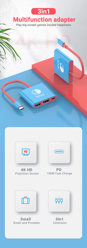 3-in-1 USB C to HDMI 4K HUB Type C Adapter Thunderbolt 3/4 100W PD USB 3.0 Docking Station for Switch MacBook Laptop Phone