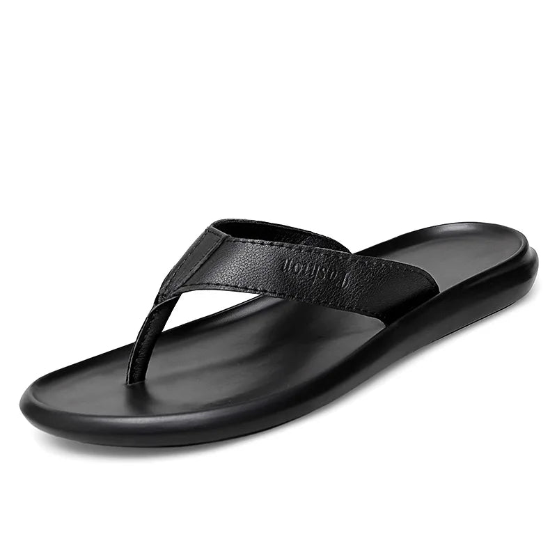 Men'S Genuine Leather Slip-On Flat Flip Flops Classic Round Toe Slip-On Soft Bottom Clip Toe Male Slide Sandals Summer Leisure P