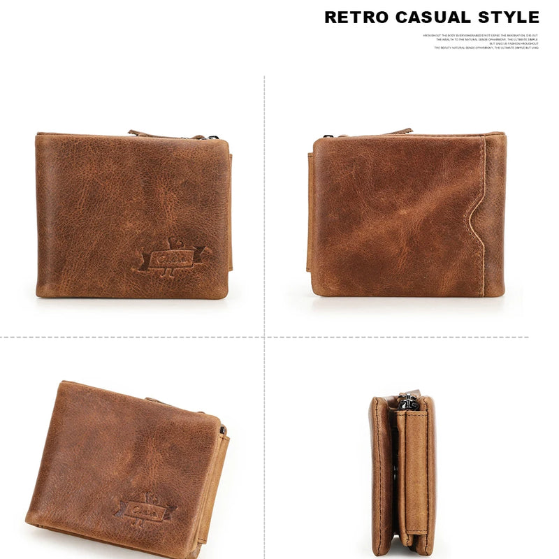 CONTACT'S Genuine Crazy Horse Leather Men Wallets Vintage Trifold Wallet Zip Coin Pocket Purse Cowhide Leather Wallet For Mens