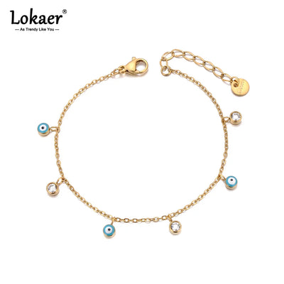 Lokaer Vintage Enamel Blue Eye Charm Bracelets for Women Stainless Steel Cubic Zirconia Chain Waterproof Jewelry | SAMAG
