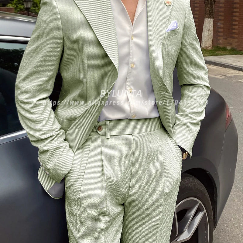 BYLUNTA Mens Suit 2 Piece Slim Fit Stripe Suits Tuxedo Blazer Jackets Pants Set Summer Beach Wedding Outfit for Mennt)