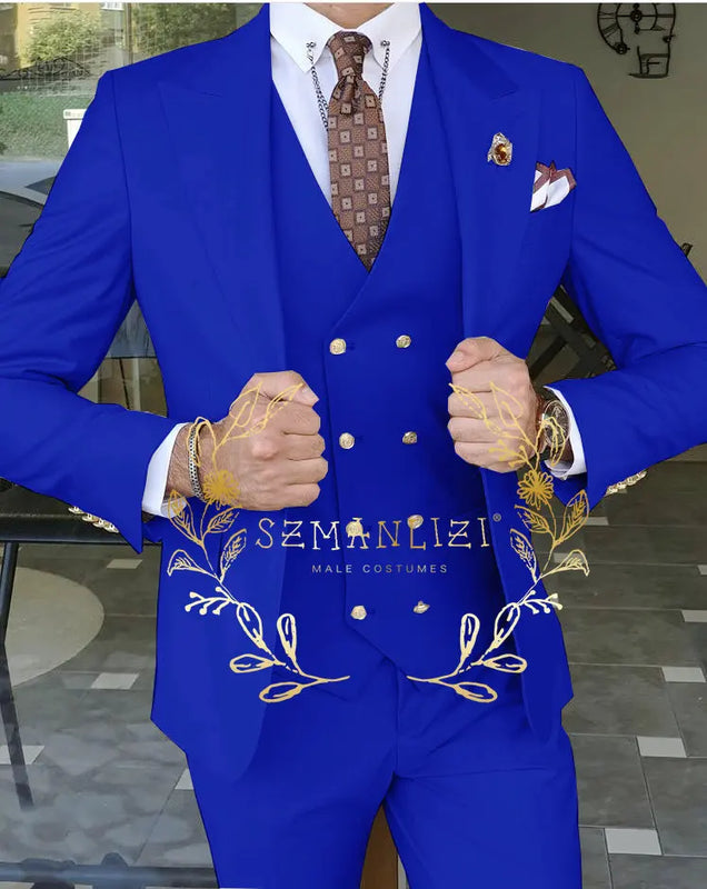 Beige Business Suits For Men Tuxedos Gold Buttons Groom Groomsman Prom Wedding Party Formal 3 Pieces Sets - View 16 | SAMAG