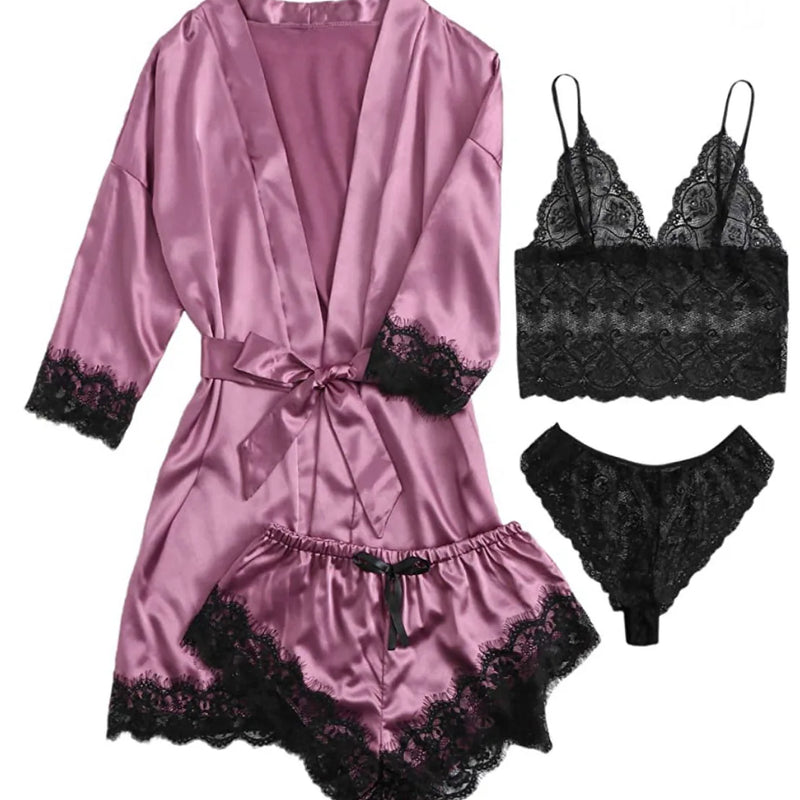 /Set Lace Satin Pajama with Robe - Cami Top & Shorts | SAMAG