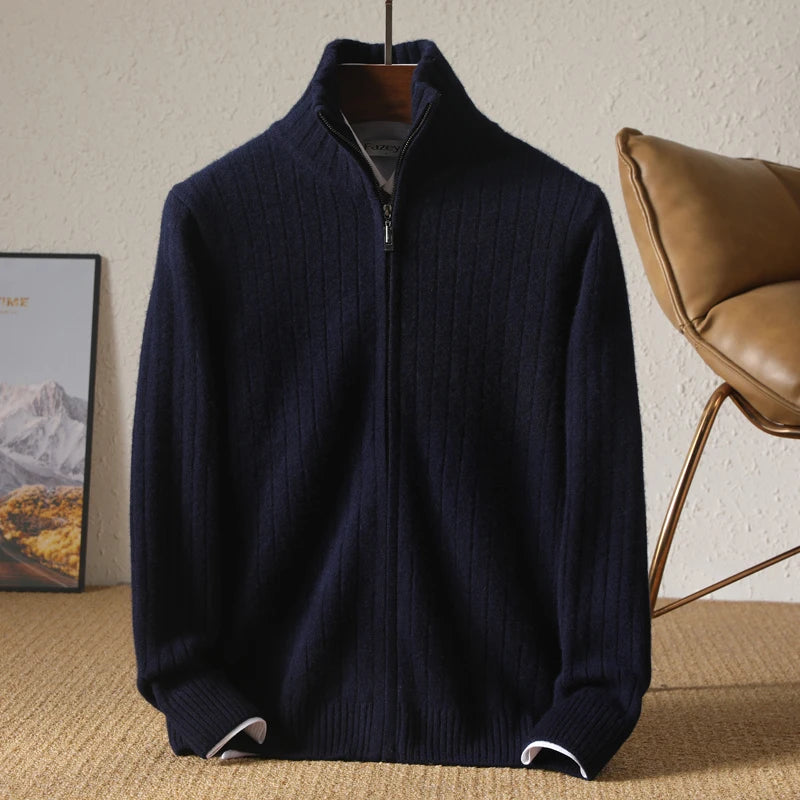 Men 100% Merino Wool Stand-Up Collar Cardigan Casual Knit Business Zipper Coat Autumn Winter Versatile Warm Men Cashmere Jacket
