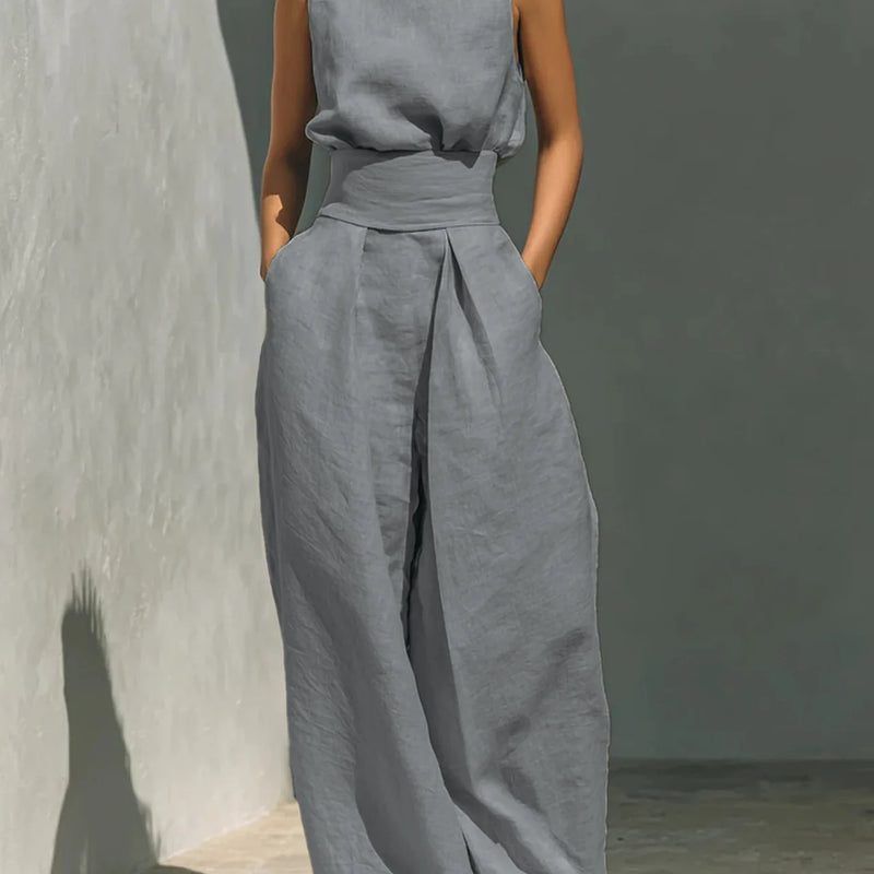 2026 Sleeveless Top+Wide Leg Pants Summer Casual Two-Piece Set Elegant And Loose Office Set High Street Pocket Women's Suits