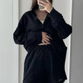 FSMG Fashion Solid Cotton Linen Shorts Set Casual Loose Buttons Long Sleeves Shirt  Elastic Waist Shorts Outfit Lady Chic Outfit