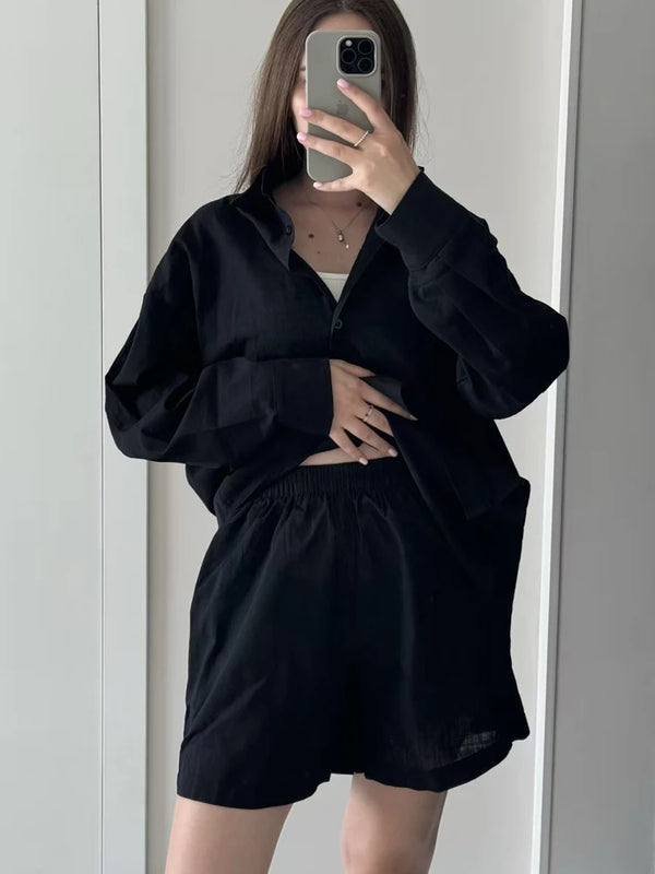 FSMG Fashion Solid Cotton Linen Shorts Set Casual Loose Buttons Long Sleeves Shirt  Elastic Waist Shorts Outfit Lady Chic Outfit
