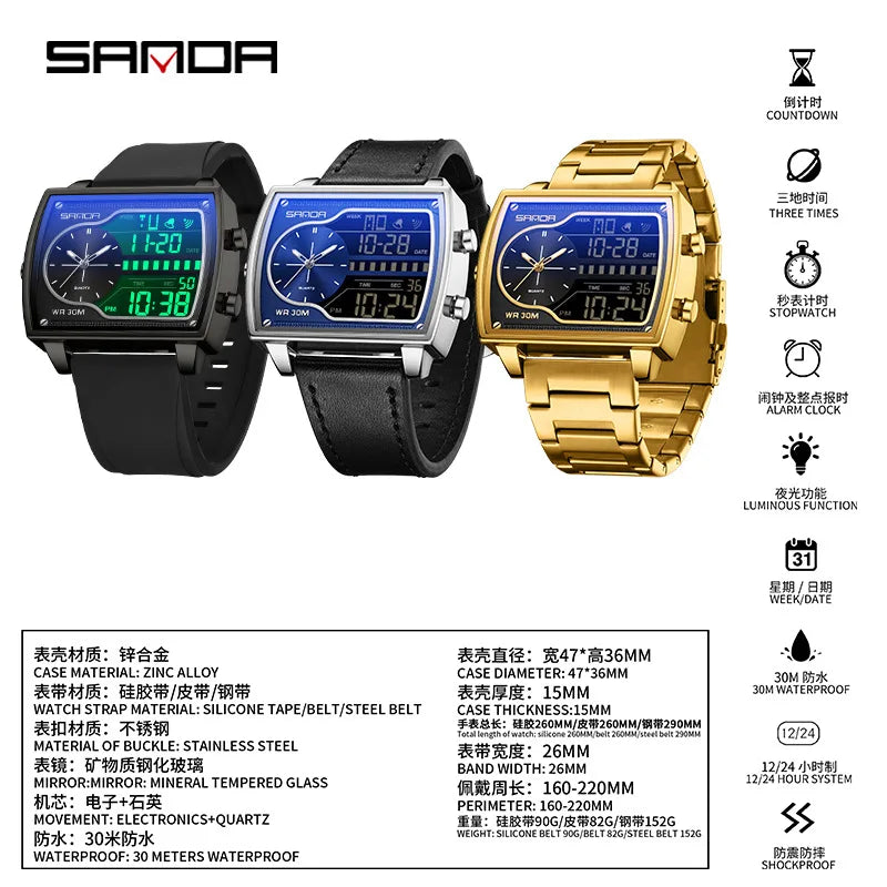 Sanda Men's Watch Fashionable Multifunctional Luminous Waterproof，Three Time Zones, Alarm Clock, Dual Display Electronic Watch