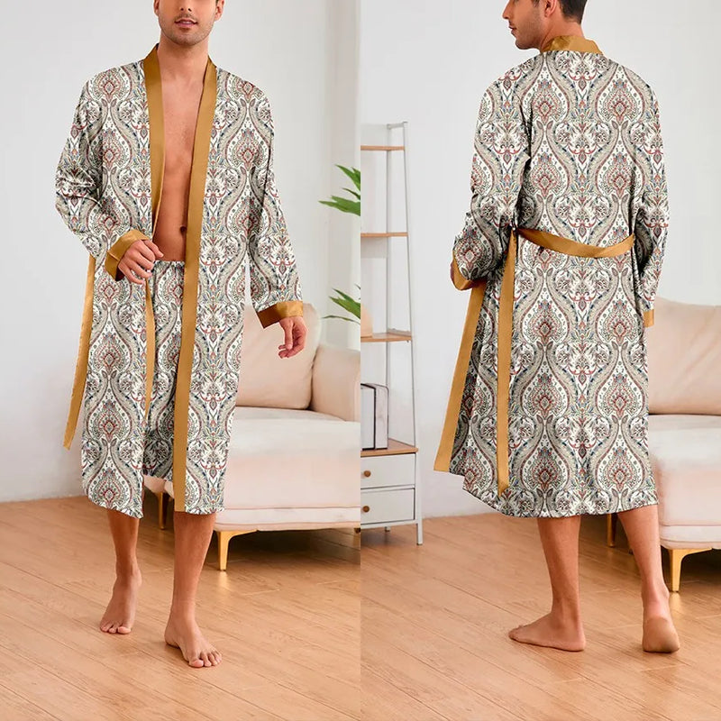 Men's Ice Silk Sleepwear Two-piece Set Kimono Bathrobe Gown Long Robe Pajamas Set Print Tiger Loose Casual Homewear Lounge Wear