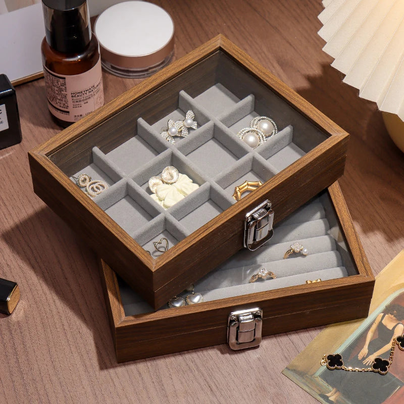 Walnut wood color jewelry box; exquisite wooden ring box, earrings, studs, necklace, trinkets multi-compartment storage box