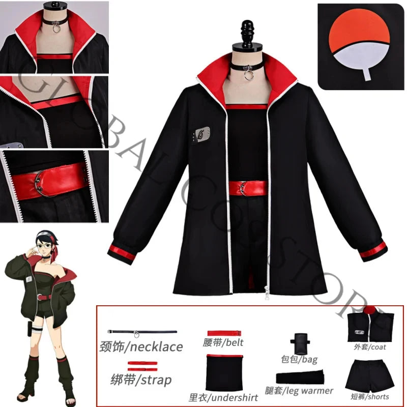 HappyAnime Character Uchiha Sarada Cosplay Costume Black Tube Top Red Belt and Choker Props Set Battle Suit for Comic Con Dess U