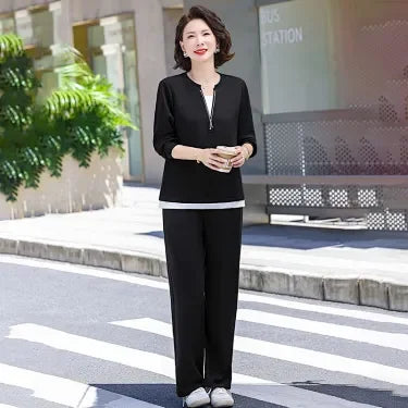 Women Spring Autumn Two Piece Set Middle Aged Mom Half Zipper Sweatshirt Loose Wide Leg Pants Casual Outfit