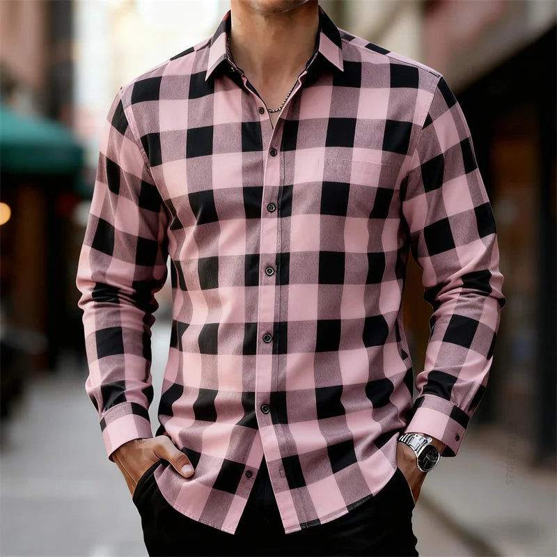 Men's Classic Red and Black Plaid Long-Sleeved Shirt | SAMAG