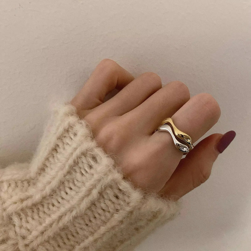 VENTFILLE 925 Sterling Silver Irregular Design Wave Golden Stackable Finger Rings Trendy Adjustable For - Visuel 3 | SAMAG