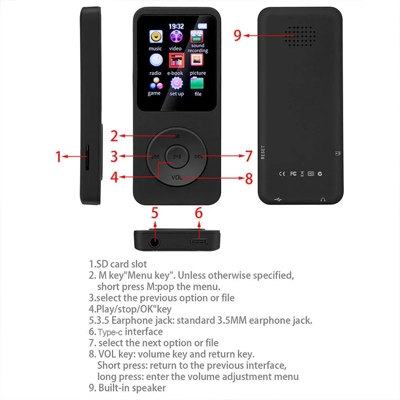 MP3 MP4 Player Bluetooth-Compatible5.0 Music Player 1.8in Color Screen   with E-book/FM Radio/Recording