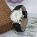 Vintage Shanghai Hand Wind Mechanical Watch  Simple Silver Case Black Leather Band Business Dress Wrist Watch