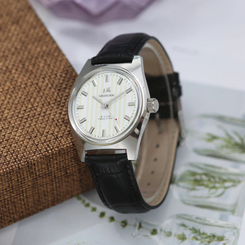 Vintage Shanghai Hand Wind Mechanical Watch  Simple Silver Case Black Leather Band Business Dress Wrist Watch