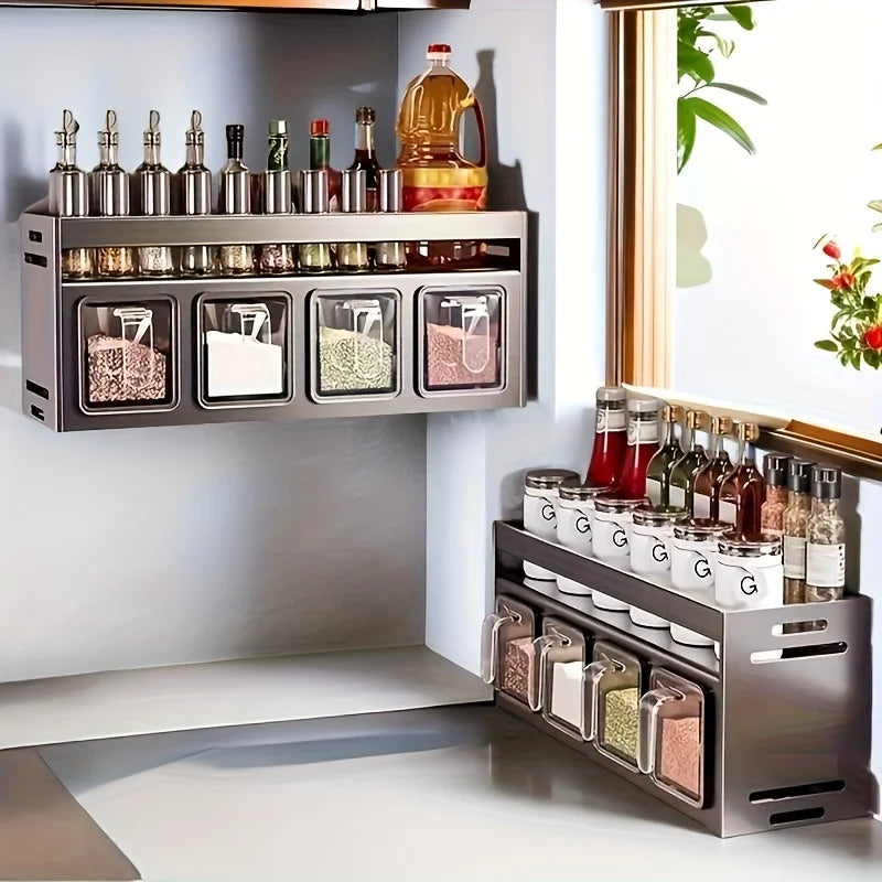 1 Wall-Mounted Spice Rack - No Drilling Required for Installation, Durable Aluminum Material, Space-Saving Storage for Kitchen and Dining Room, Used for Storing Bottles, Jars, and Spices, Kitchen Storage Rack, Simple Metal De
