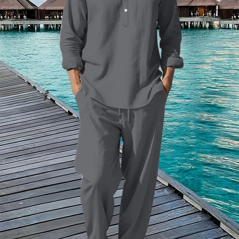 New Long Sleeve Henley Shirt Pants Suit Men Lightweight Breathable Streetwear Solid Color Business Button - View 6 | SAMAG